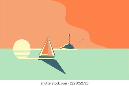 Beautiful sunset or dawn seascape. A yacht or sea vessel is sailing against the backdrop of the setting or rising sun.