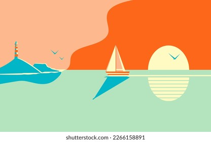 Beautiful sunset or dawn seascape. A yacht or sea vessel is sailing against the backdrop of the setting or rising sun.