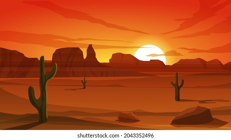 Beautiful sunset in desert. Desert and mountain vector landscape