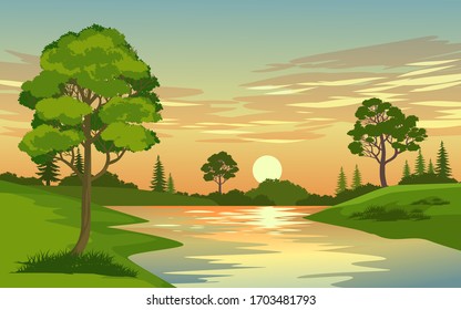 Beautiful sunset in forest with river