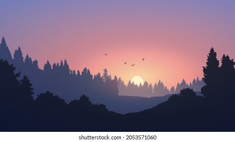 Beautiful sunset in forest with silhouette of trees