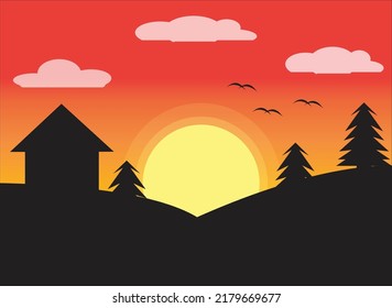 Hermosa ilustración vectorial gráfica de la puesta del sol. Silhouettes de montañas, árboles, casas simples y manadas de pájaros volando en el cielo.