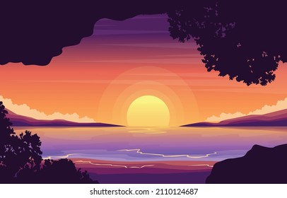 Beautiful Sunset Island Sea Green Bowl Bali Landscape View Illustration