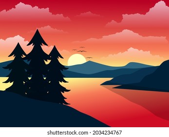 beautiful sunset lake with colorful mountains water trees clouds vector