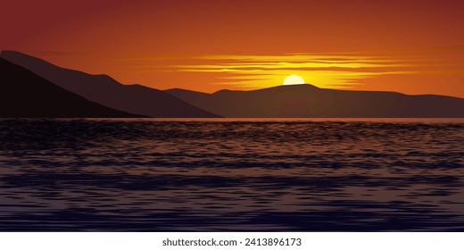 Beautiful sunset in lake with hills