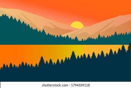 beautiful sunset lake with mountains and trees