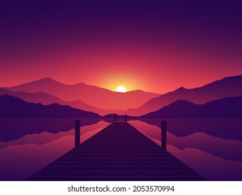Beautiful sunset in lake with pier