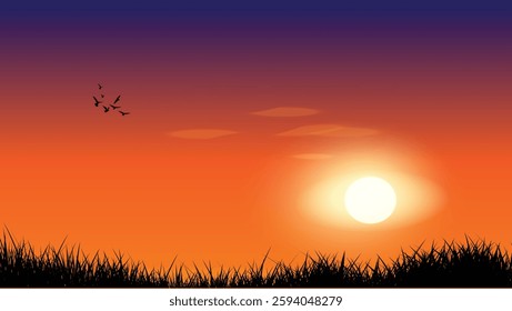 A beautiful sunset landscape with a glowing sun, flying birds, and grassy silhouettes