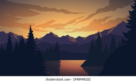 Beautiful sunset landscape with lake, pine forest and mountain