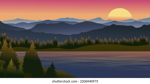 Beautiful sunset landscape in mountain with mountains and lake. Vector sunset nature landscape