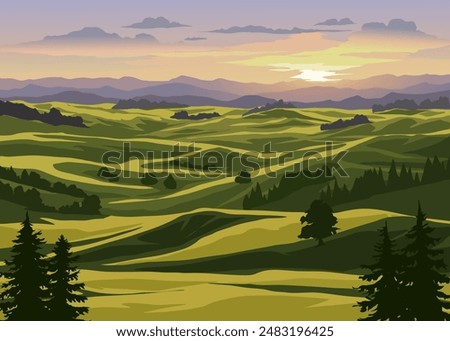 Beautiful sunset landscape over meadow with trees and mountains