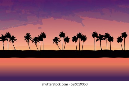 a beautiful  sunset landscape with palm trees; vector illustration