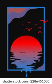 Beautiful sunset landscape, red with blue outline, nature background for flyers, posters and covers, vector illustration.