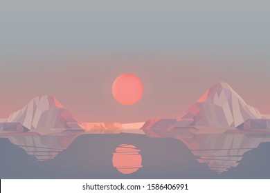 Beautiful Sunset Landscape in the Sea. Geometric low poly vector illustration wallpaper of calm, relaxing arctic landscape, with glaciers, iceberg and sun reflecting in the sea. Background template