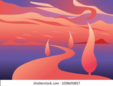 Beautiful sunset landscape. Vector illustration.