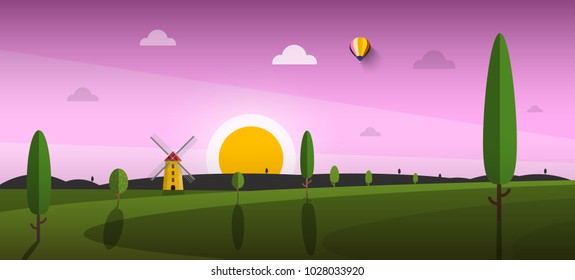Beautiful Sunset Landscape. Vector Sunrise Abstract Rural Scene with Field, Windmill and Trees.