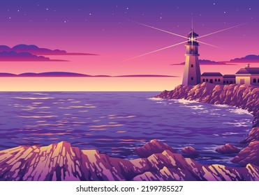 Beautiful Sunset Lighthouse Landscape Illustration