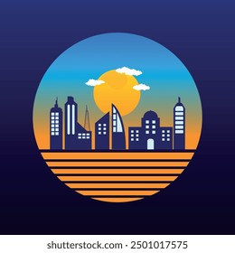 The beautiful sunset at modern city vector, Sunset behind skyscraper, sunset vector art illustration, sunset behind buildings.