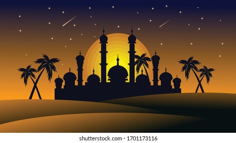 Beautiful sunset mosque Ramadan night background illustration