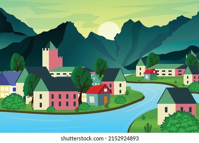 Beautiful sunset in a mountain lake pine trees with house landscape