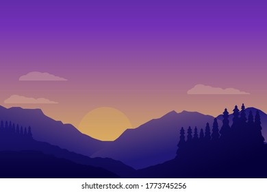 Beautiful sunset at mountain landscape scene vector illustration with minimalist design and purple color suitable for background or wallpaper