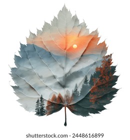 Ein wunderschöner Sonnenuntergang und Bergszene im Blattinneren 