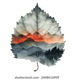 a beautiful sunset and mountain scene inside the leaf 