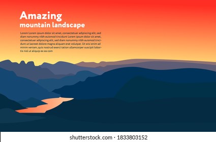 Beautiful sunset. Mountain valley with river. Vector landscape illustration with text.
