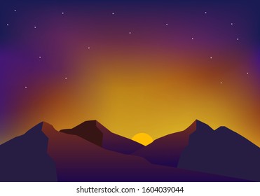 Beautiful sunset at mountain vector illustration with dark sky and stars. Minimalist sunset mountain landscape background 