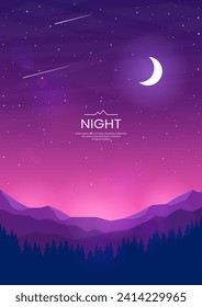 Beautiful sunset in the mountains. Night sky, moon and stars. Silhouettes of mountains and forest. Bright colors of the sky. Design for poster, background, wallpaper, cover. Vector illustration.