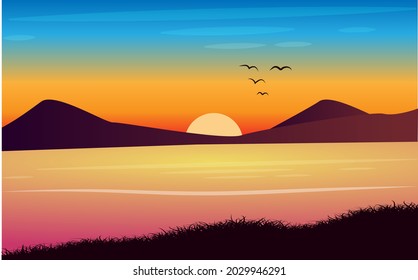 beautiful sunset mountains on the lake vector