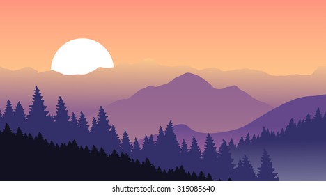 Beautiful sunset at mountains. Vector illustration