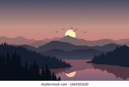 Beautiful sunset nature landscape illustration