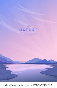 Beautiful sunset near the river. Reflection of the sun on the water. Silhouettes of mountains and hills on the horizon. Bright clear sky. Design for background, wallpaper, postcard, poster.