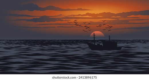 Beautiful sunset in ocean with boat and seagulls in silhouette