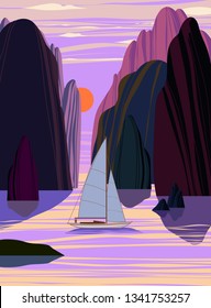 beautiful sunset on the background of a tropical landscape with hills, sea, yacht, bay. a bright travel vector illustration