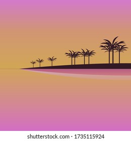 Beautiful sunset on the beach with palm silhouettes, vector illustration