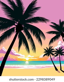 Bonita puesta de sol en la playa con palmeras. Ilustración vectorial.Playa tropical con palmeras y puesta de sol.