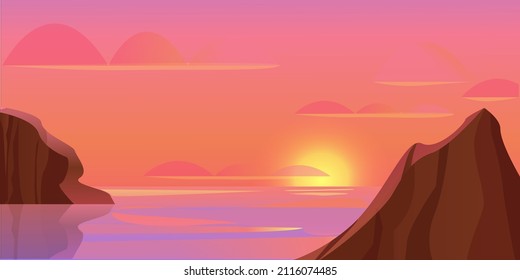  Beautiful sunset on the sea. Vector illustration.