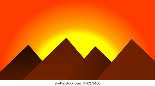Beautiful sunset, orange sky in a mountainous area. Vector illustration. Flat mountains. Nature and travel