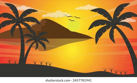 Beautiful sunset over beach, ocean and palm trees silhouette vector nature illustration