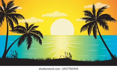 Beautiful sunset over beach, ocean and palm trees silhouette vector nature illustration