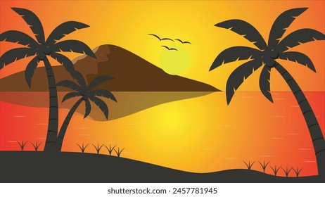 Beautiful sunset over beach, ocean and palm trees silhouette vector nature illustration