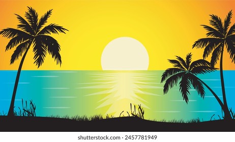 Beautiful sunset over beach, ocean and palm trees silhouette vector nature illustration