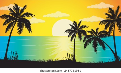 Beautiful sunset over beach, ocean and palm trees silhouette vector nature illustration