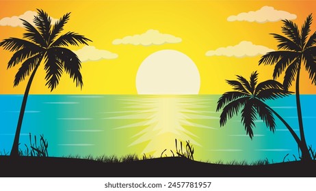 Beautiful sunset over beach, ocean and palm trees silhouette vector nature illustration