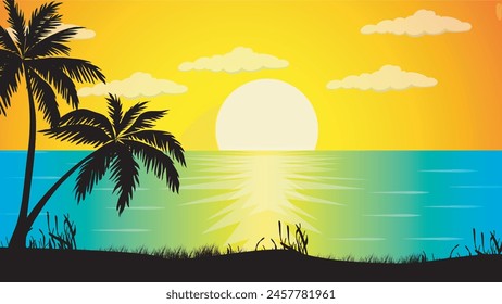 Beautiful sunset over beach, ocean and palm trees silhouette vector nature illustration