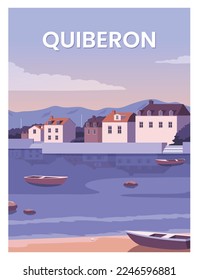 Beautiful sunset over the city in Quiberon. Travel to Quiberon  Brittany, France.
vector illustration with colored style for poster, postcard, card, art, print.