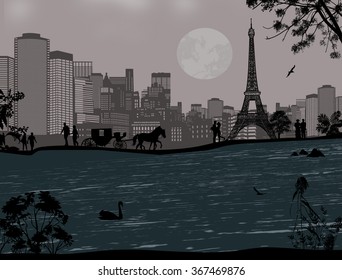 Beautiful sunset over Eiffel Tower and Seine river with people silhouette , vector illustration