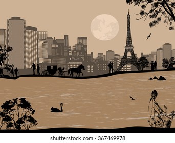 Beautiful sunset over Eiffel Tower and Seine river with people silhouette on retro style, vector illustration